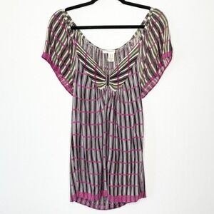 DKNY Jeans‎ Striped Tunic Top Pink Green Gray Butterfly Sleeve Boho Y2K Size XL